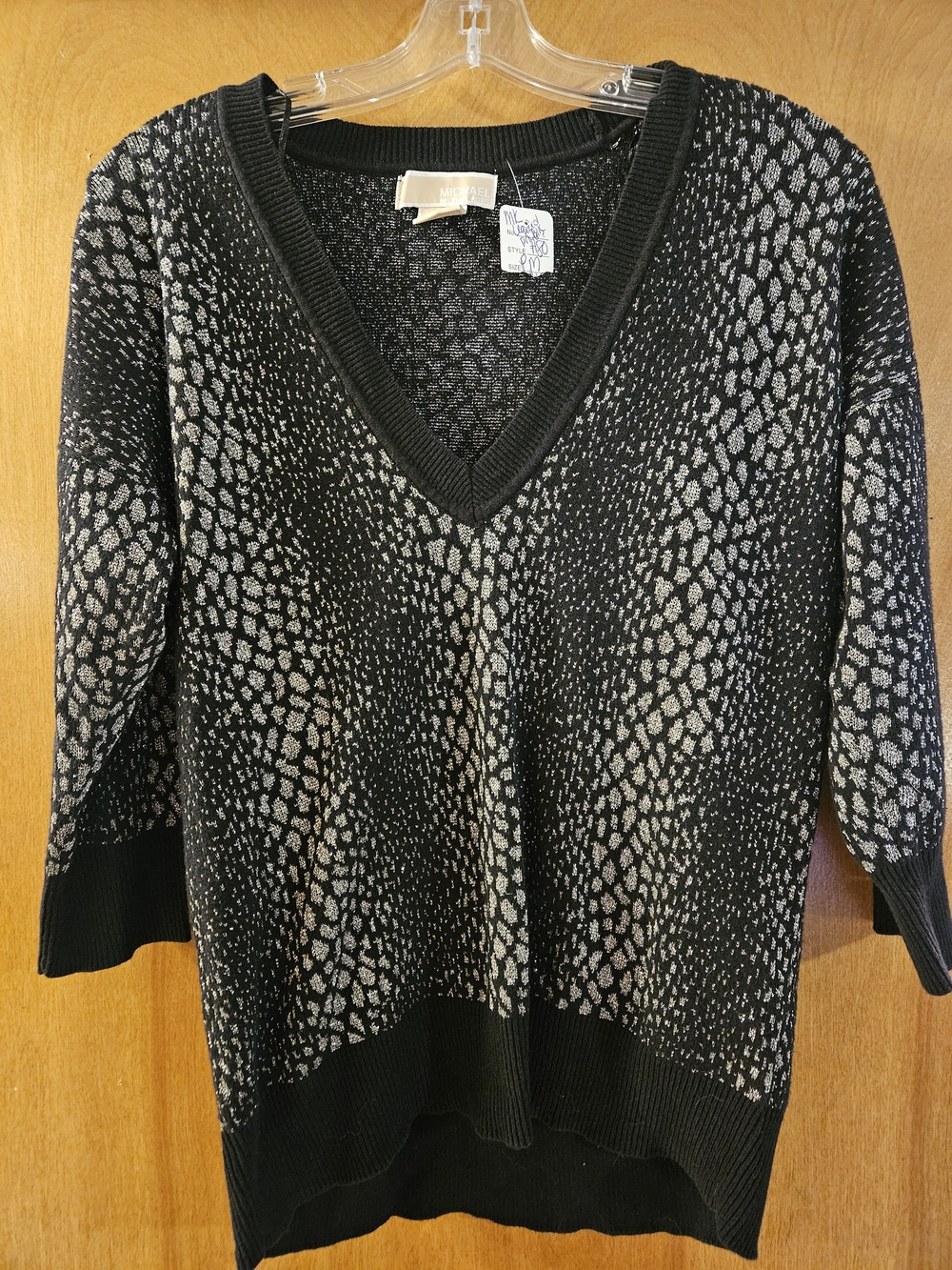 MICHAEL Michael Kors Black and Silver V-Neck Patterned Knit Sweater